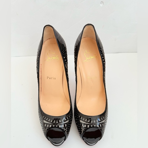 Christian Louboutin Black Patent leather Laser cutout Sullena peep toe pumps 38 - Picture 3 of 9